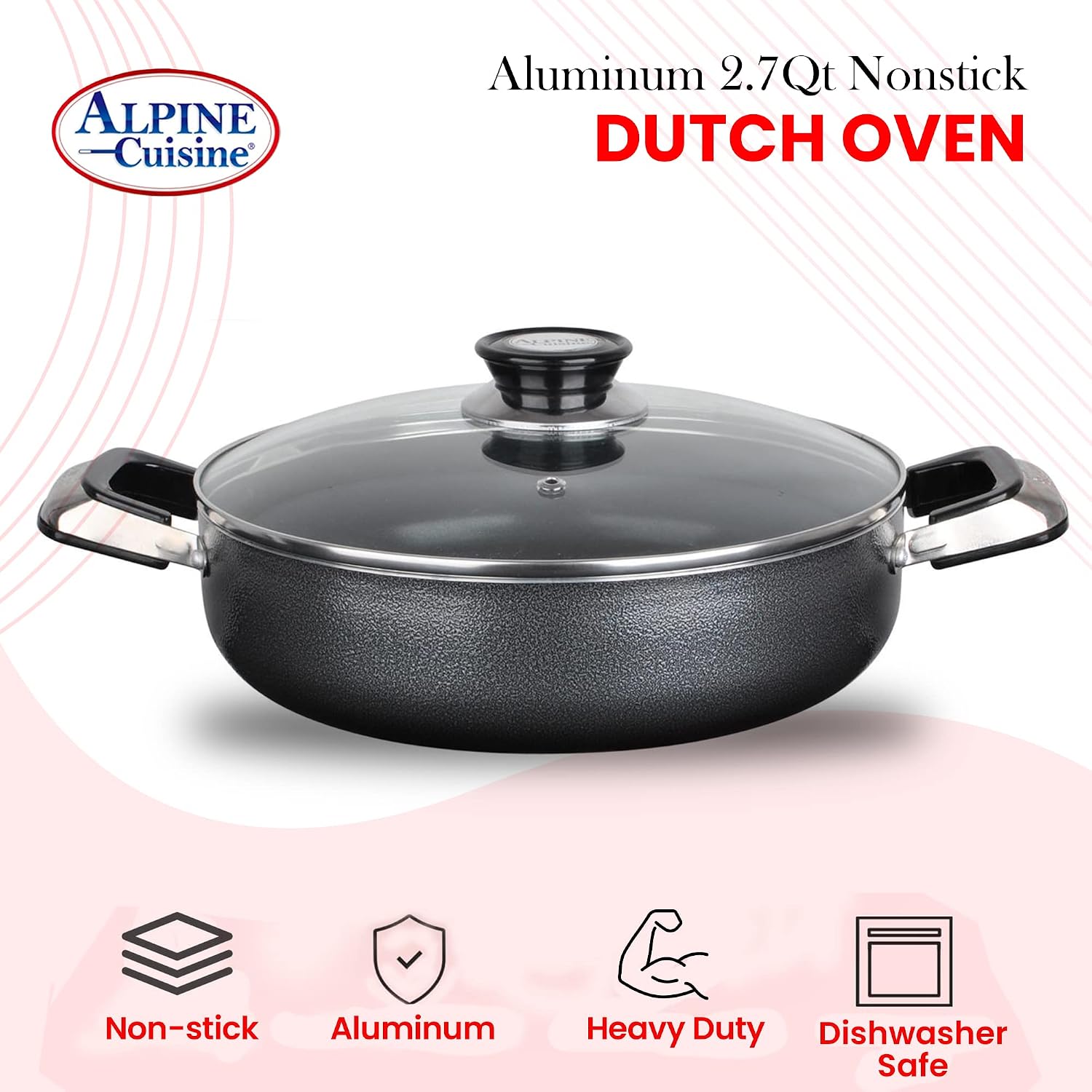 Alpine Cuisine 4 Quart Non-stick Stock Pot with Tempered Glass Lid and Carrying Handles, Multi-Purpose Cookware Aluminum Dutch Oven for Braising, Boiling, Stewing