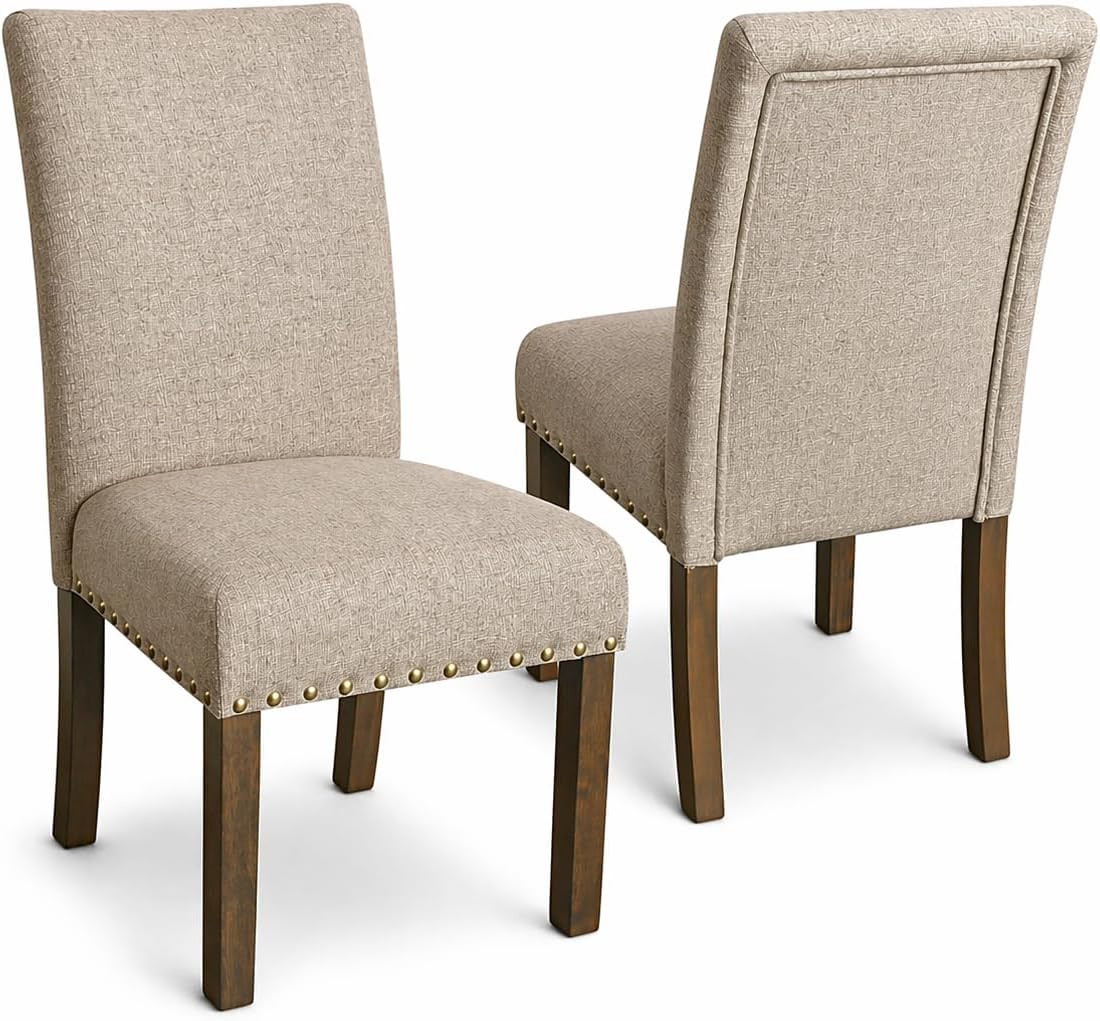 Homepop Home Decor | Classic Upholstered Parsons Dining Chairs | Set of 2 Accent Dining Chairs with Nailhead Trim, Natural Linen