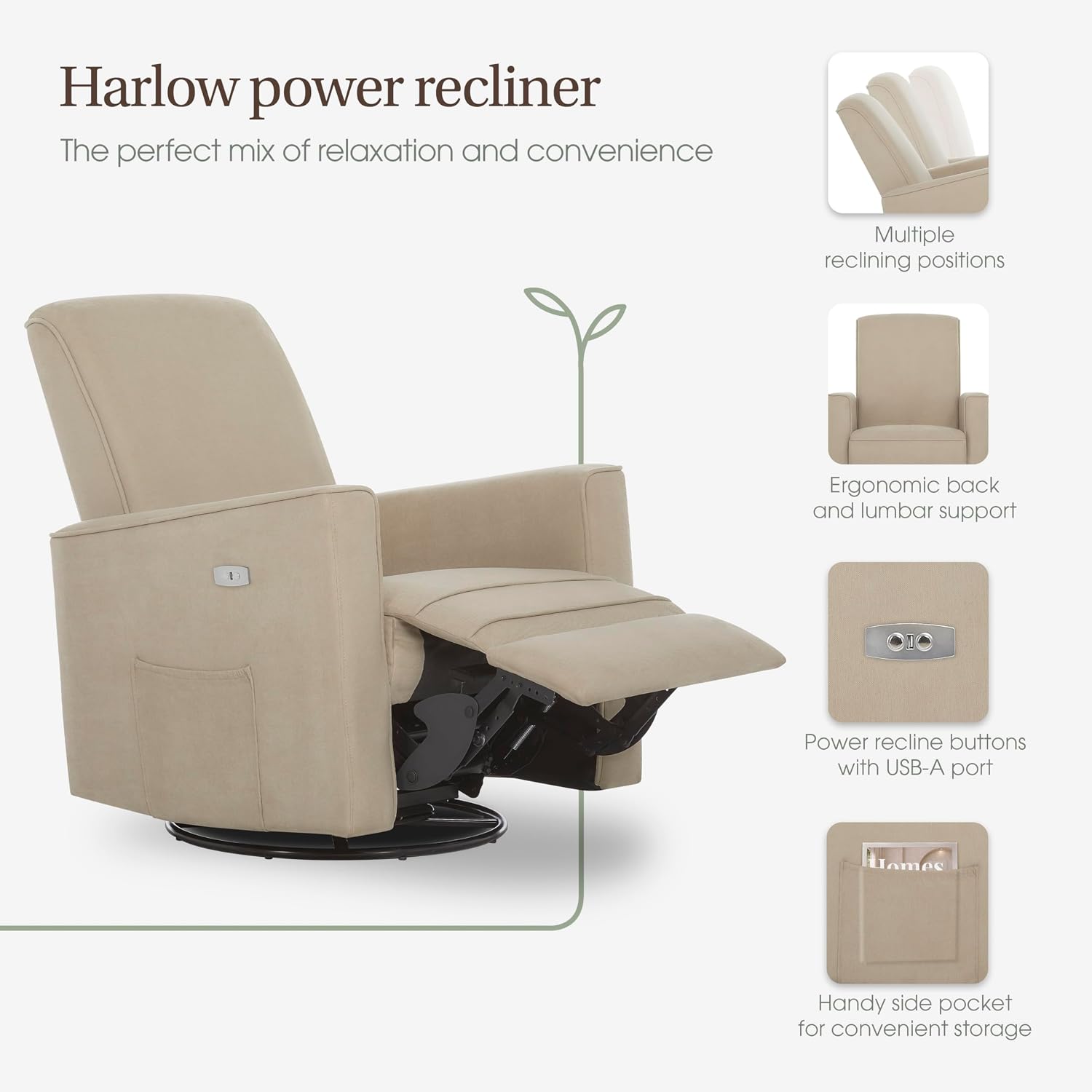 évolur Harlow Upholstered Power Glider Recliner with USB Charging – Rocking & 275° Swivel with Smooth Glide – Greenguard Gold & FSC
