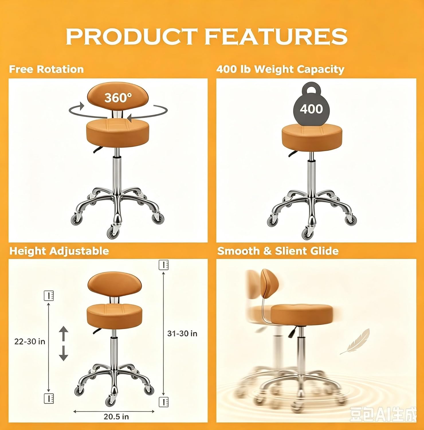 Kaleurrier Rolling Stool with Back Rest: Swivel Chair Adjustable Height