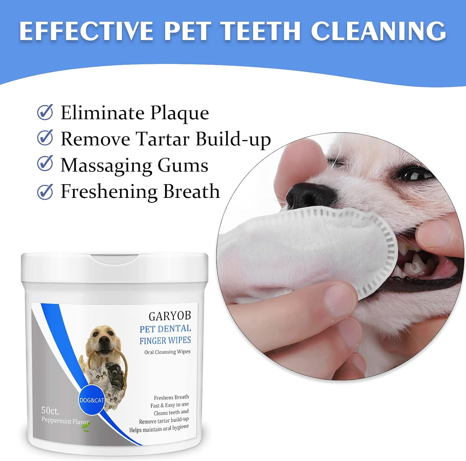 Pet Dental Fingers Wipes, Oral Cleansing Teeth Wipes Pads for Dogs and Cats - Optimize Oral Health, Freshen Breath- 50 Count