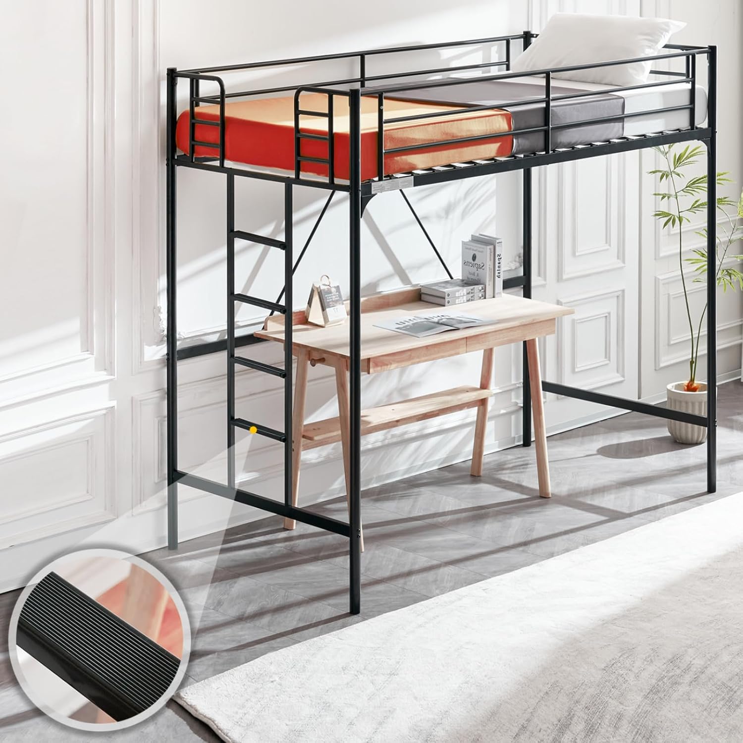 Bonnlo Metal Loft Bed with Stairs and Flat Rung, Junior Loft Bed Twin Size High Loft Bed for Kids/Teens/Adults, No Box Spring Required, Black
