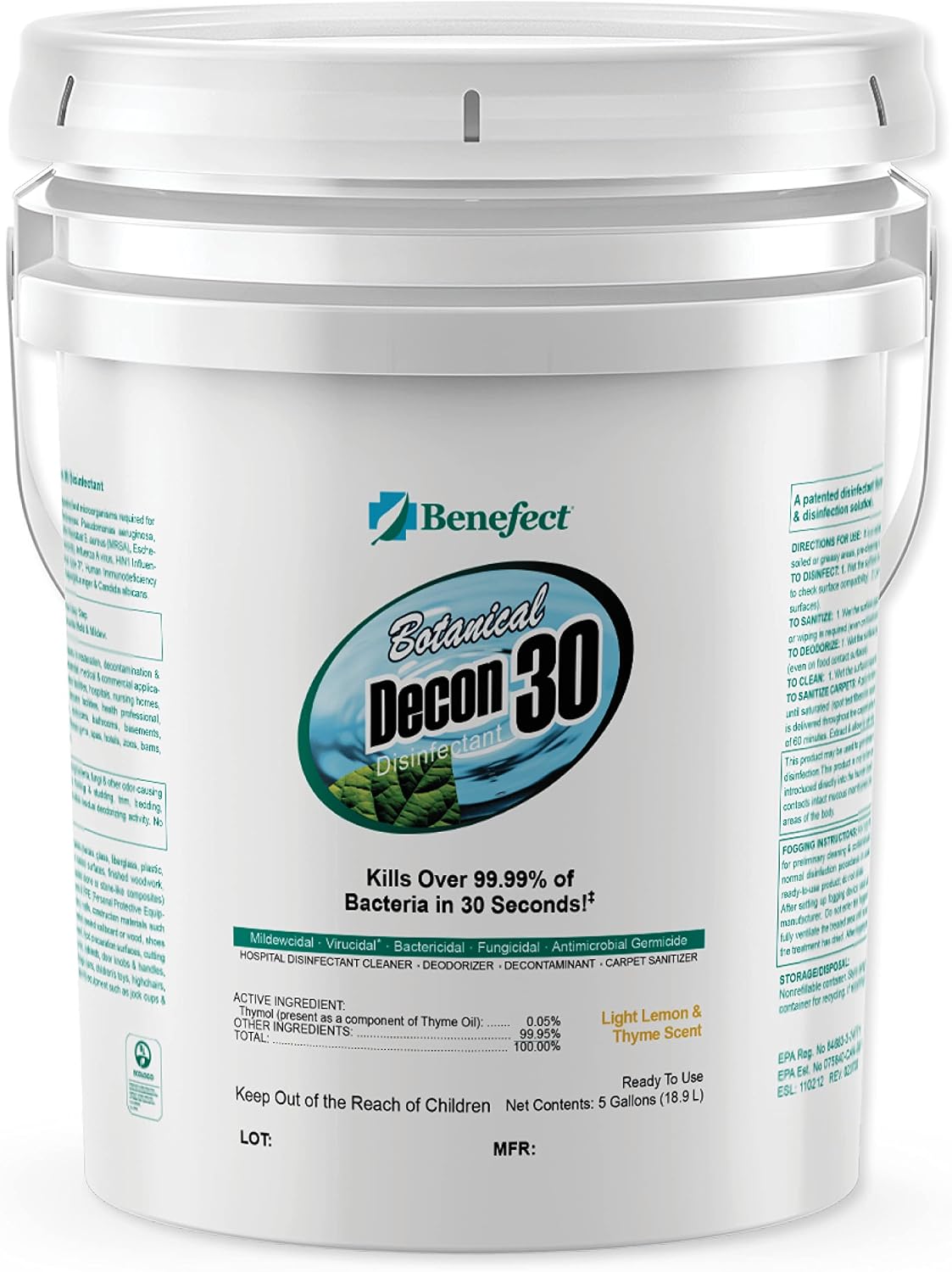 Benefect Botanical Decon 30 Disinfectant Cleaner - All Natural Formula for Effective Cleaning Power - Ideal for Restoration Jobs & Water Damage - 20476 - 1 Gallon