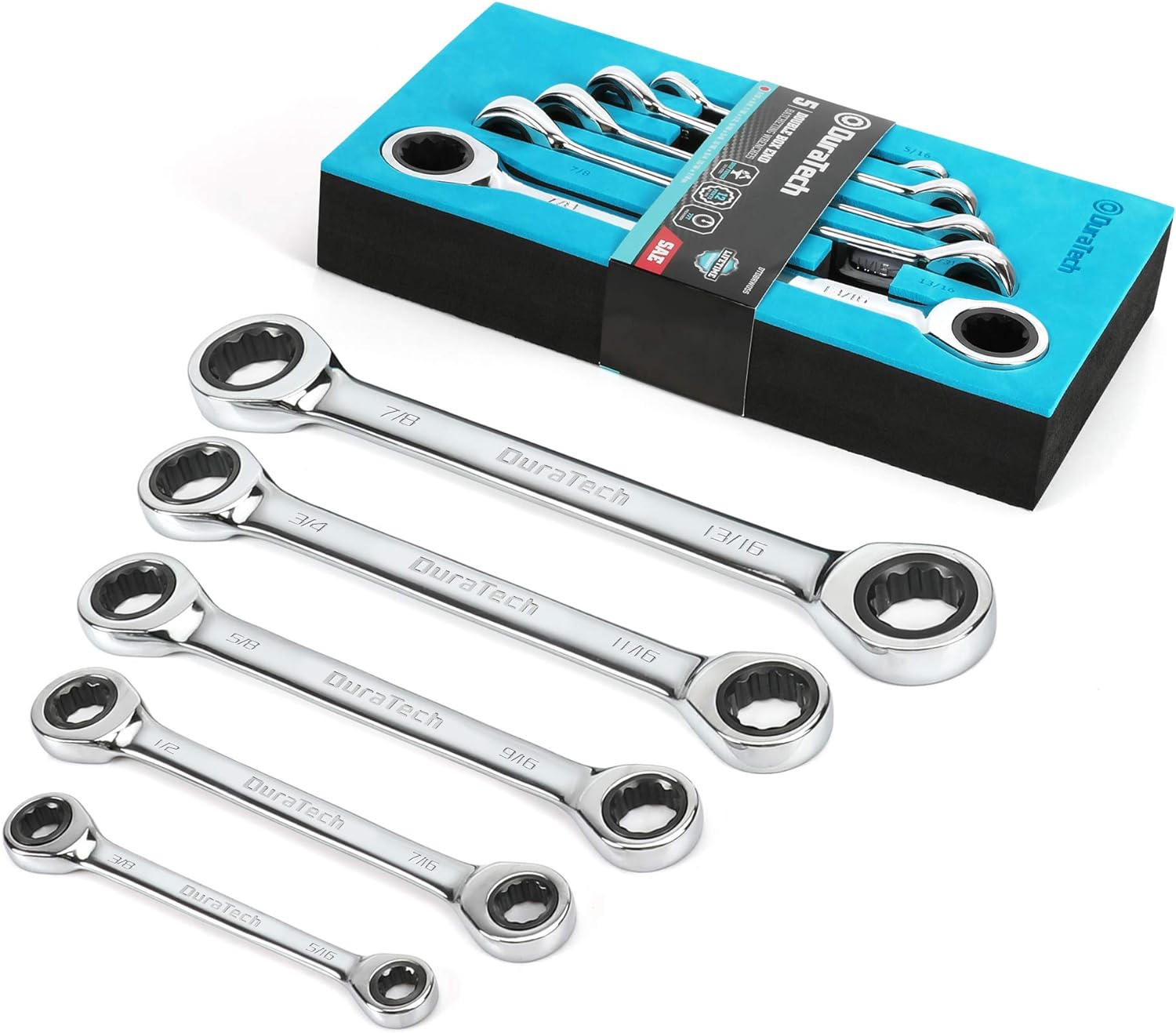 DURATECH Double Box End Ratcheting Wrench Set, SAE, 5-Piece, 5/16" to 7/8"