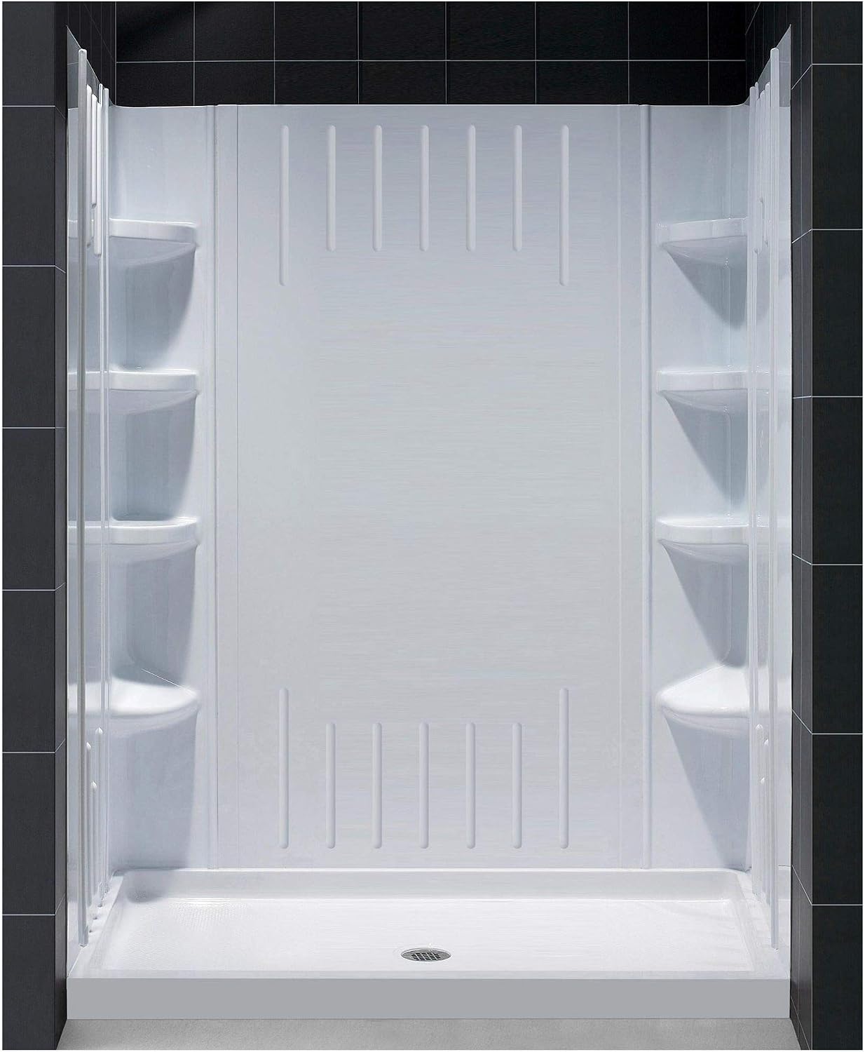 DreamLine 30 in. D x 60 in. W x 75 5/8 in. H Left Drain Acrylic Shower Base and QWALL-3 Backwall Kit In White, DL-6145L-01