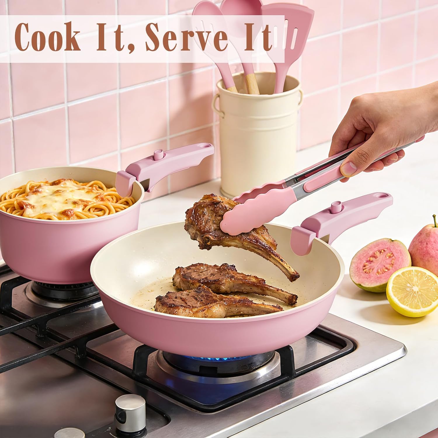 Umite Chef Non Stick Pots and Pans Set, 21 Pcs Ceramic Kitchen Cookware Set with Detachable Handle, Nonstick Healthy Induction Cookware, Dishwasher RV Cookware Set, Oven Safe, Stackable, Sage Green
