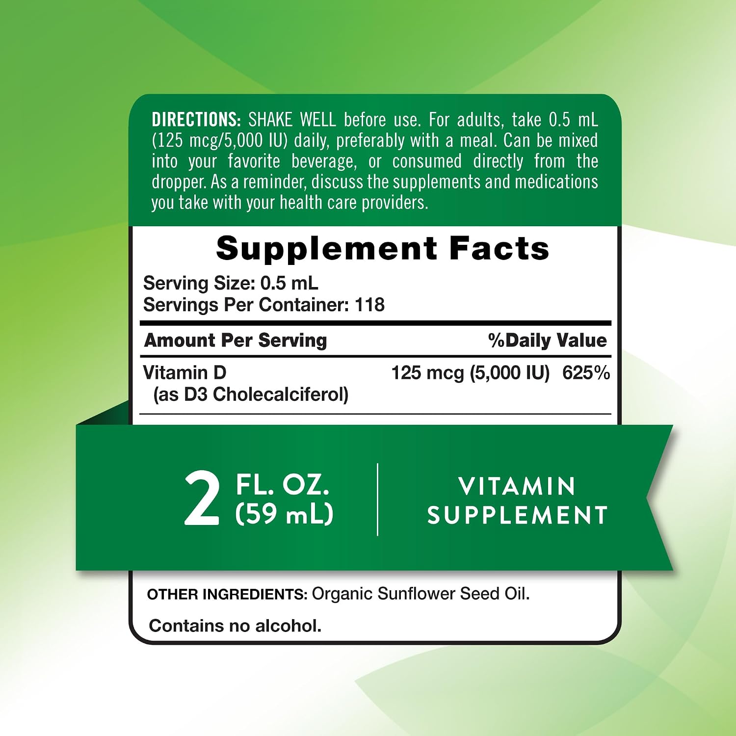 Nature's Truth Vitamin D3 Liquid | 5000 IU | 2 fl oz | Non-GMO and Gluten Free Supplement | Non-GMO and Gluten Free Supplement