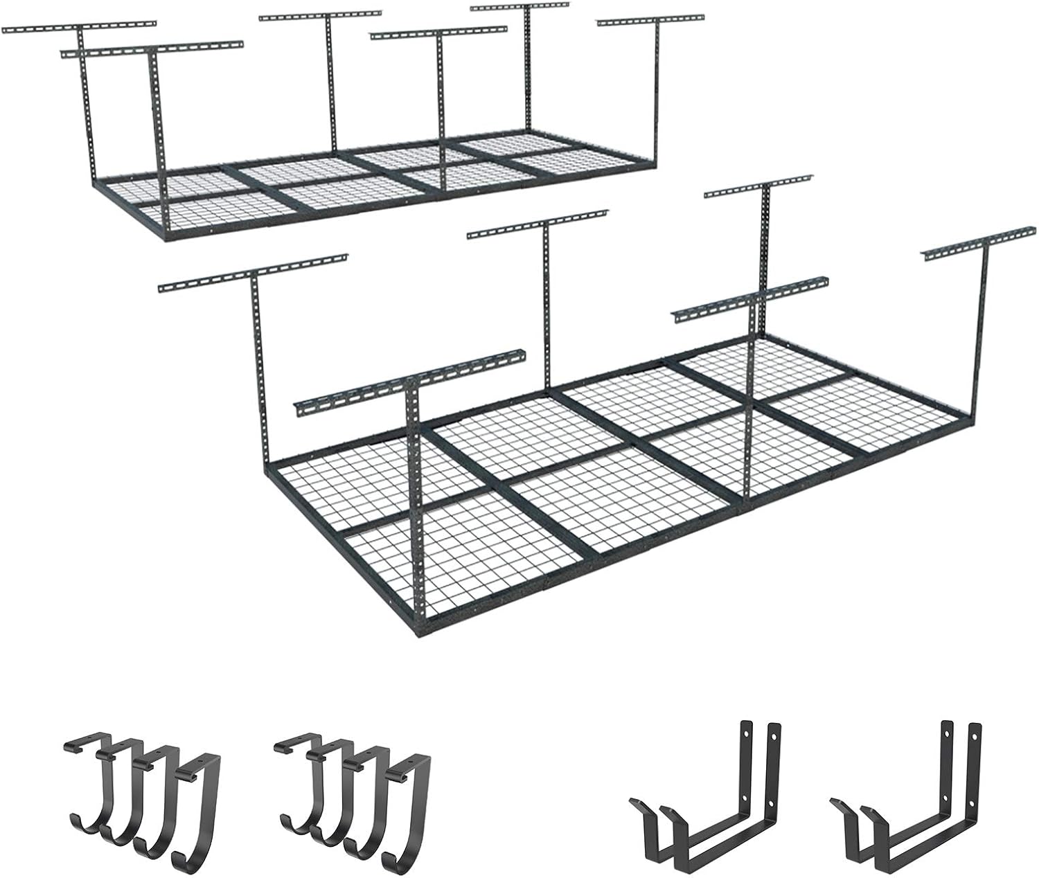 FLEXIMOUNTS 4x8 Overhead Garage Storage Rack with Hooks, Black