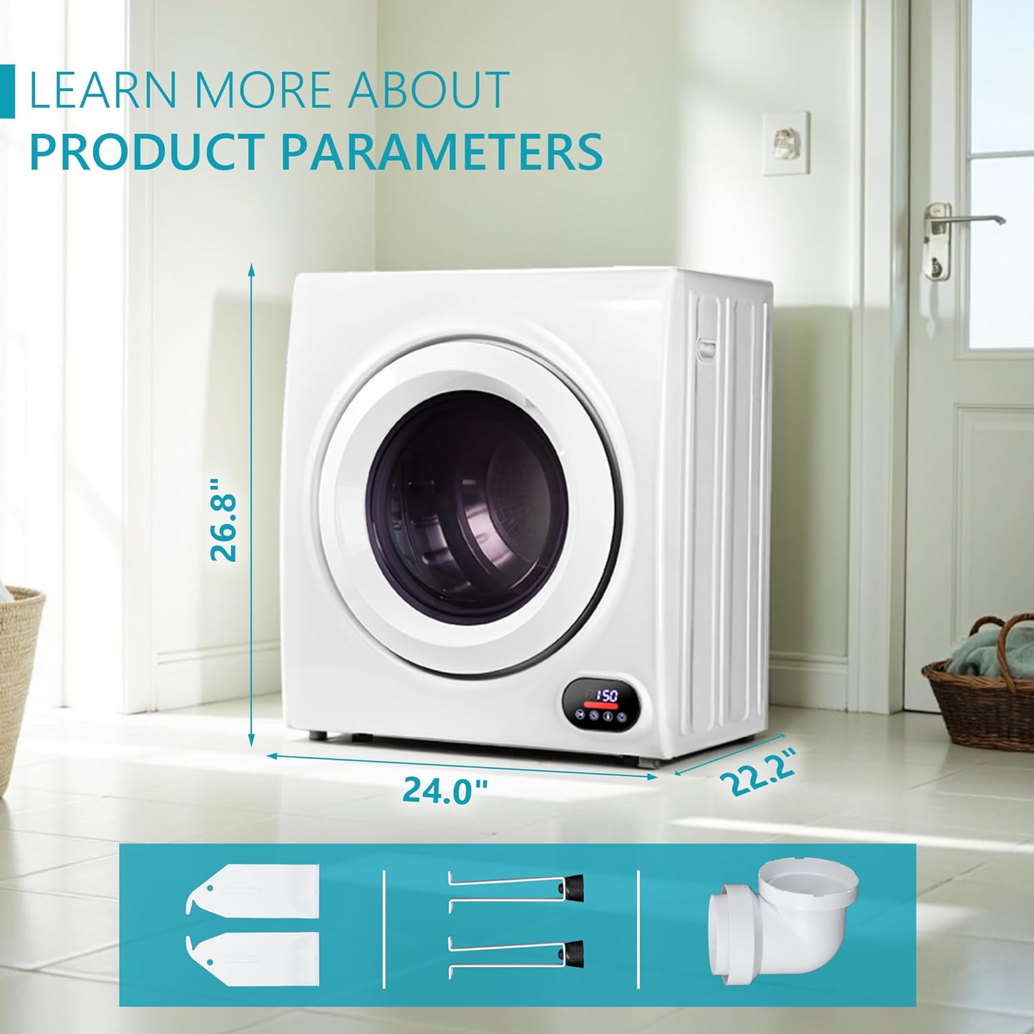 Euhomy Compact Laundry Dryer, 3.5 cu ft Front Load Stainless Steel Clothes Dryers With Exhaust Pipe, 1500W