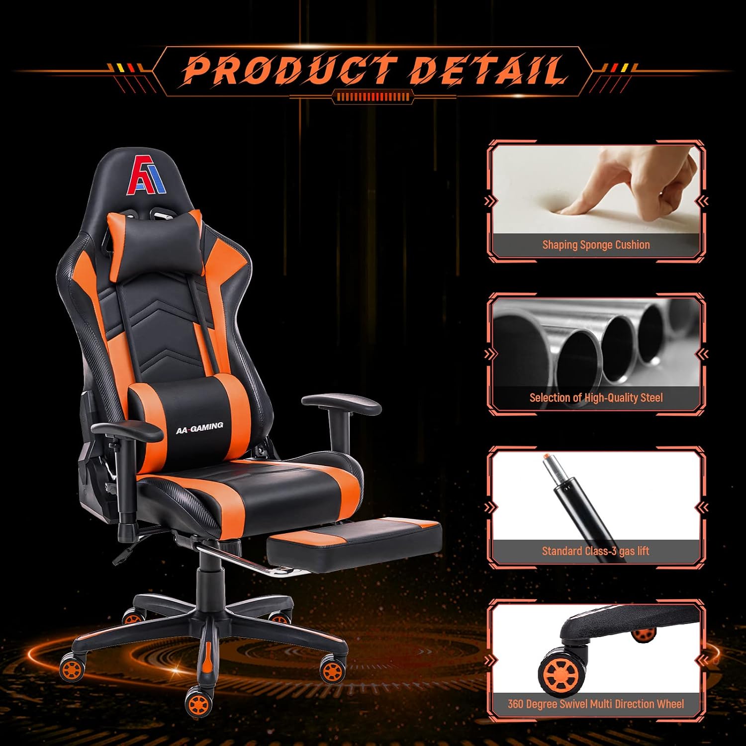 AA Products Gaming Chair Ergonomic High Back Computer Racing Chair Adjustable Office Chair with Footrest, Lumbar Support Swivel Chair - Black