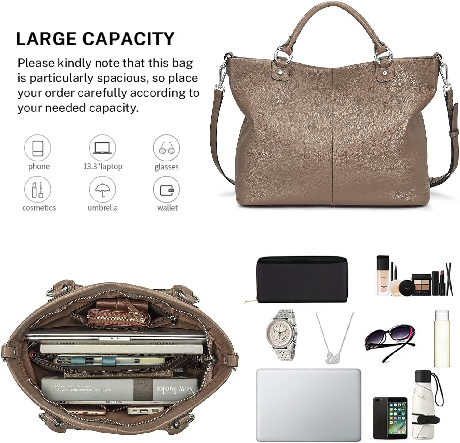 Kattee Genuine Leather Tote Purse for Women, Top Handle Satchel | Soft genuine leather tote with roomy storage and versatile carry for work, shopping, and travel.