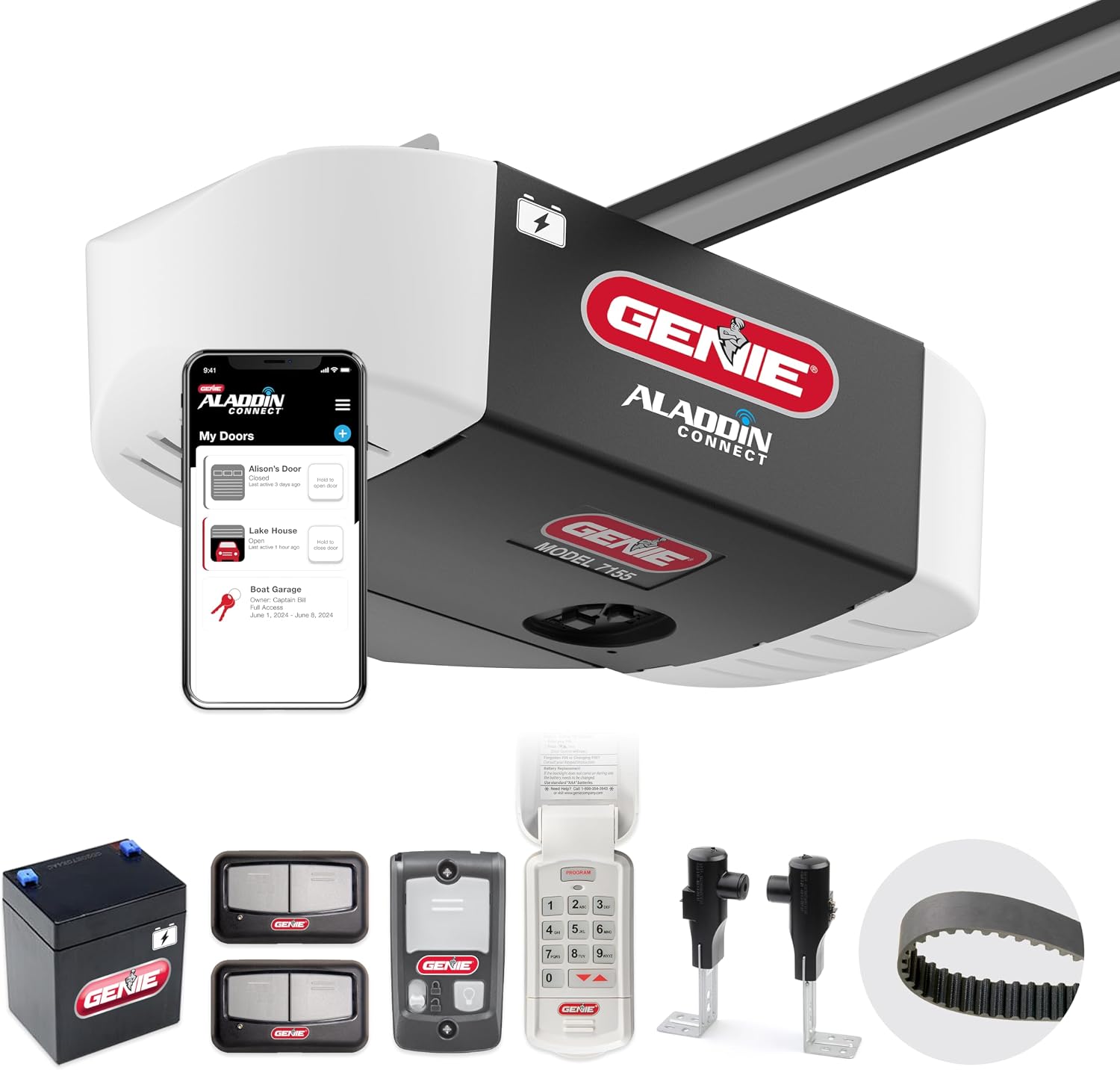 Genie StealthDrive Connect Smart Belt Drive Garage Door Opener, 7155-TKV | 1 1/4 HPc, Aladdin Connect Wi-Fi, Works with Alexa, Battery Backup