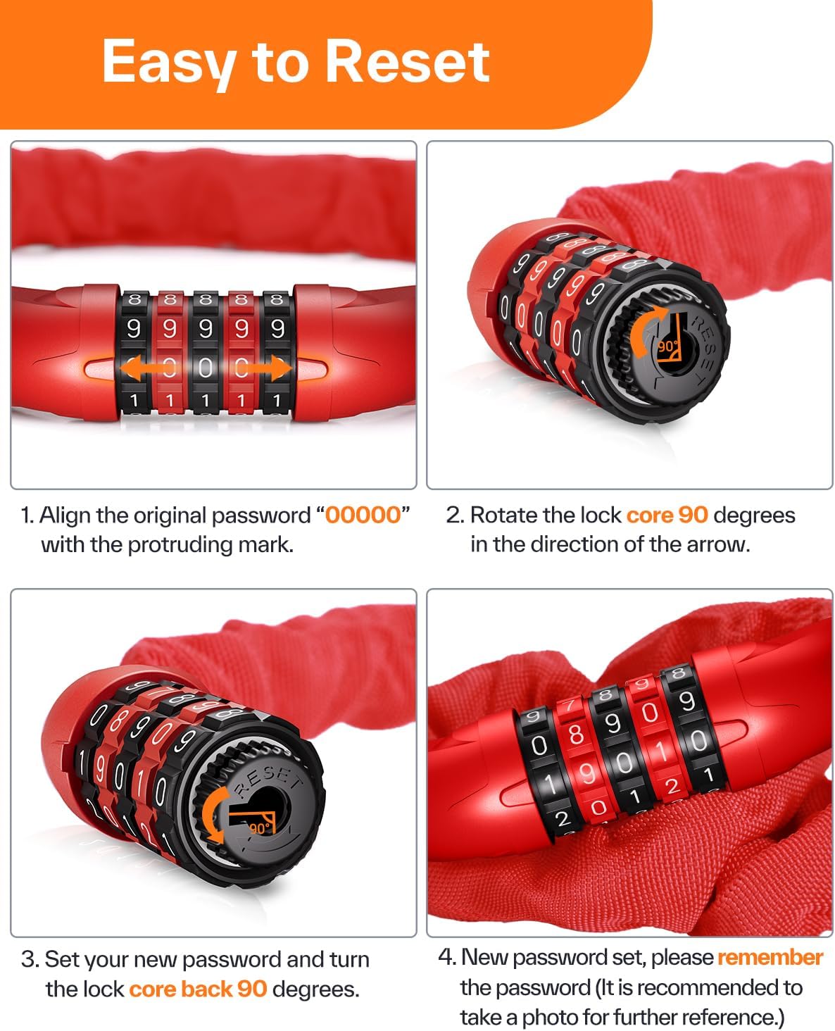 Sportneer Bike Lock: 5 Digit Combination High Security Anti Theft Bike Chain Lock - 3.2/3.6/4ft Heavy Duty Keyless Bicycle Lock for Bike, Motorcycle, Scooter, Door & Gate - 4/6mm Thick, Easy to Use