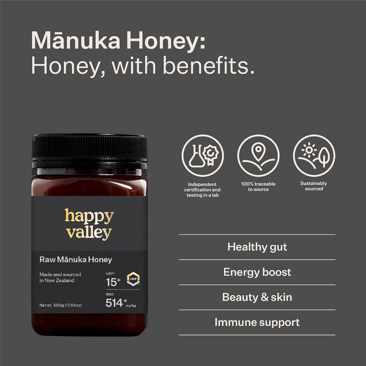 Happy Valley UMF 15+ Mānuka Honey, MGO 514+, Raw New Zealand Honey, Superfood for Immune and Digestive Support, UMF Certified, Non-GMO