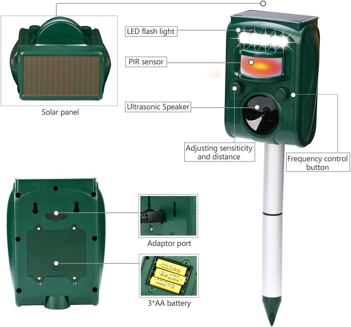Solar Ultrasonic Animal Repeller, Cat Repellent, Motion Detection, Siren and Flash Repel. Dog, Squirrel, Deer, Raccoon, Skunk, Rabbit, Fox, etc