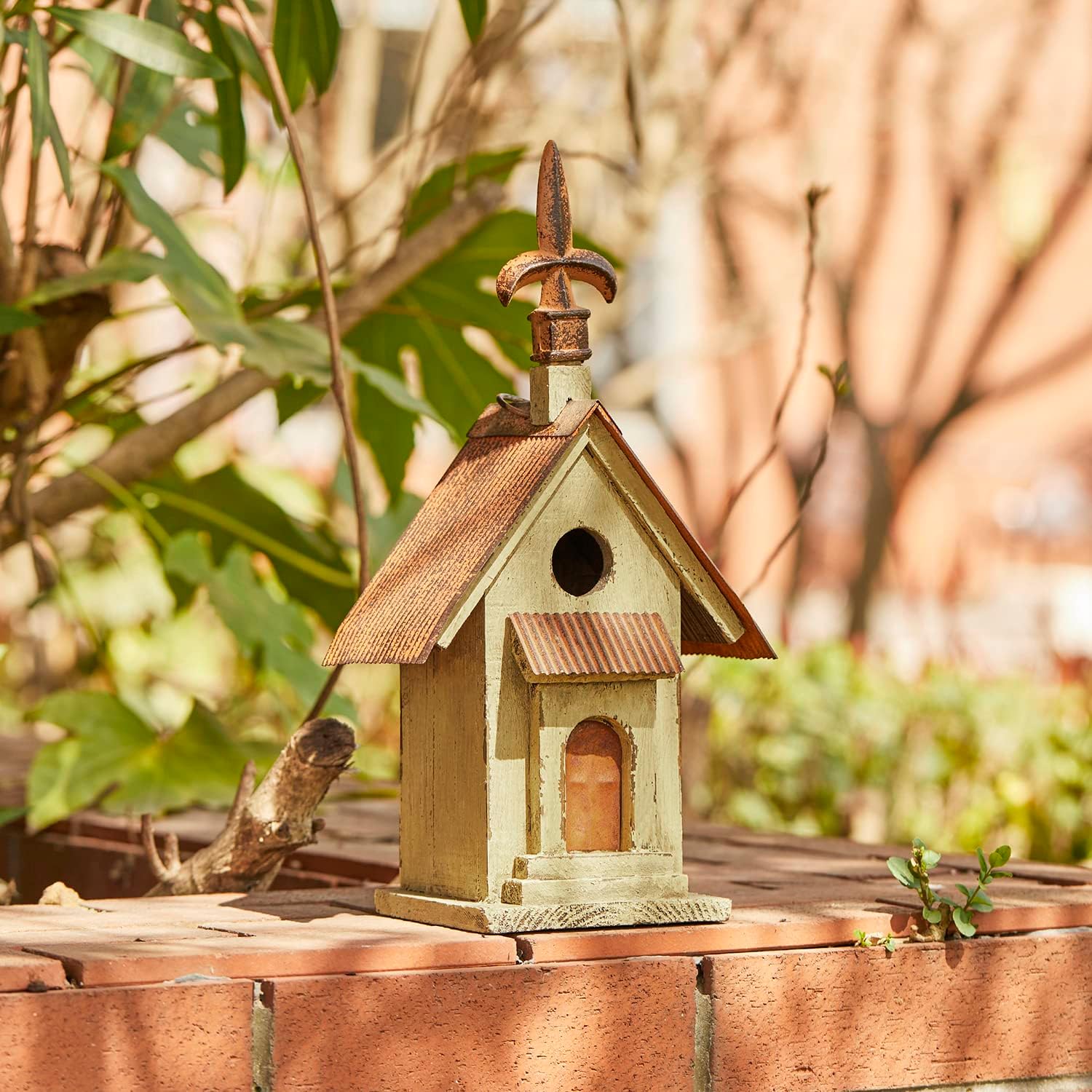 Glitzhome 14" H Hanging Distressed Wooden Church Birdhouse Garden Decor