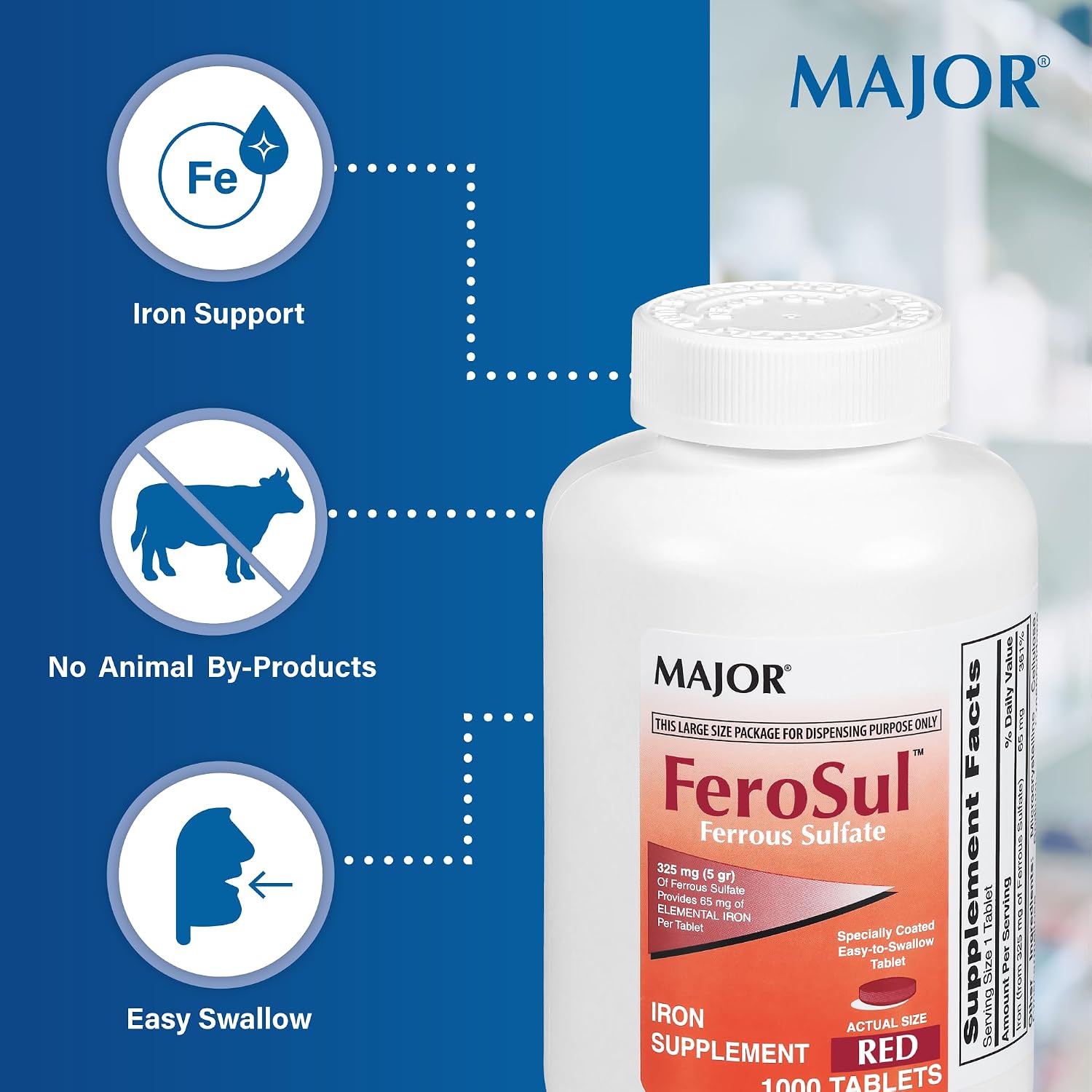 Major FeroSul - Ferrous Sulfate 325 mg Tablets - Iron Supplement for Women and Men - Specially Coated Easy-to-Swallow Tablets - Red - 1000 Count
