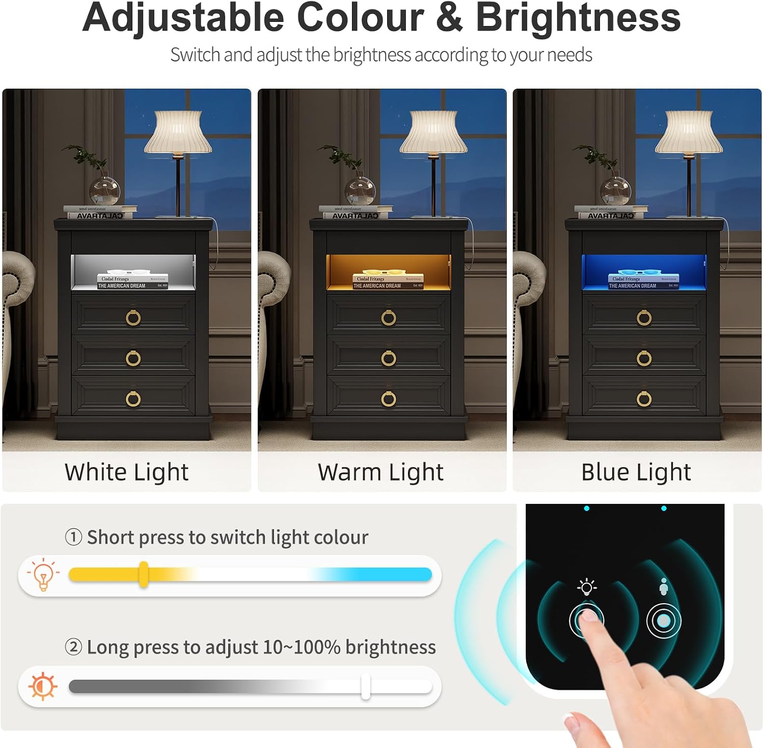 Farmhouse Nightstand with Lockable Hidden Drawer, Human Sensor LED Bedside Table with LED Lights & Charging Station, Rustic Wood Sofa Side End Table with 3 Drawers for Bedroom (Black)