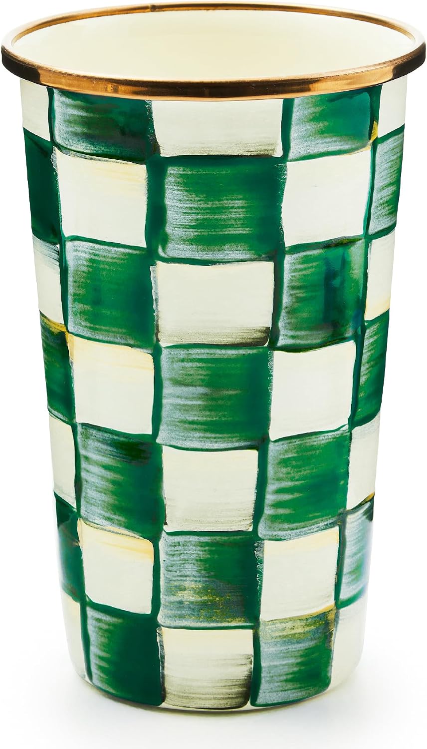 MACKENZIE-CHILDS Enamel Tumbler, Black-and-White Courtly Check | Hand-painted design, elegant drinkware with gold rim, 2.75" dia. x 4.5" H, 10-ounce capacity