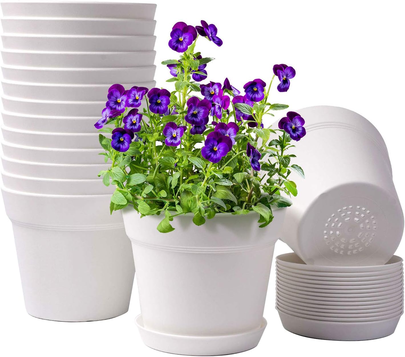 homenote 7.5 Inch Plastic Flower Pots with Drainage Holes and Trays (8 Pcs)