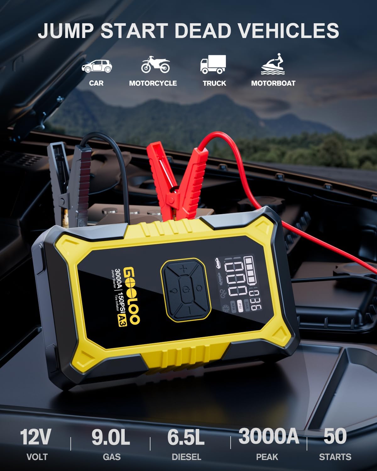 GOOLOO A3 12V 3000A Portable Jump Starter with Air Compressor | Supersafe Car Battery Booster Pack (9L Gas/6.5L Diesel) - BOOST for Dead Battery - 150 PSI Auto-Off Tire Inflator - LED Light