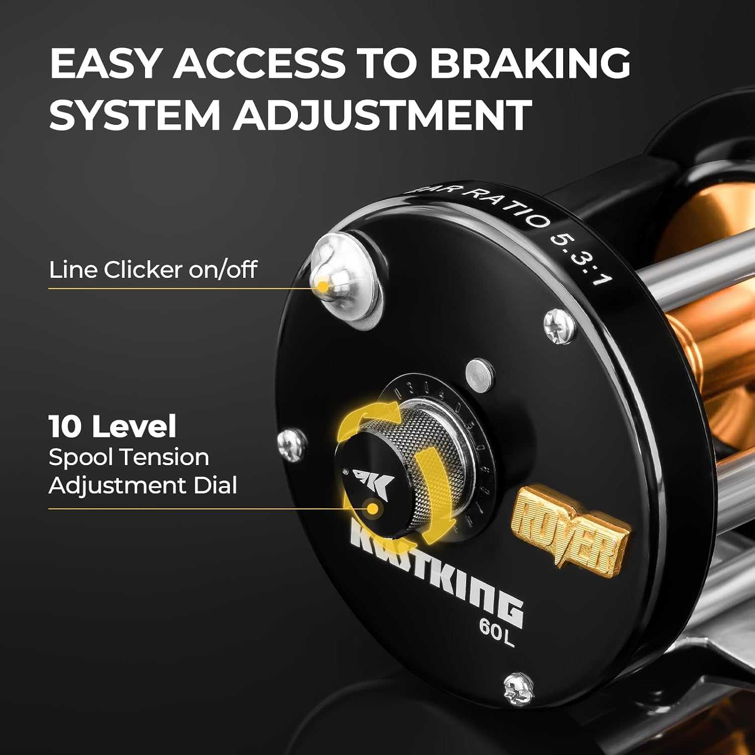 KastKing Rover Round Baitcasting Fishing Reels, Perfect Reel for Catfish | Max Drag: 30 lb, 4+1 BB, 22.8 oz, Reinforced Metal Body, Carbon Fiber Drag System, Oversized Non-Slip TPE Grips