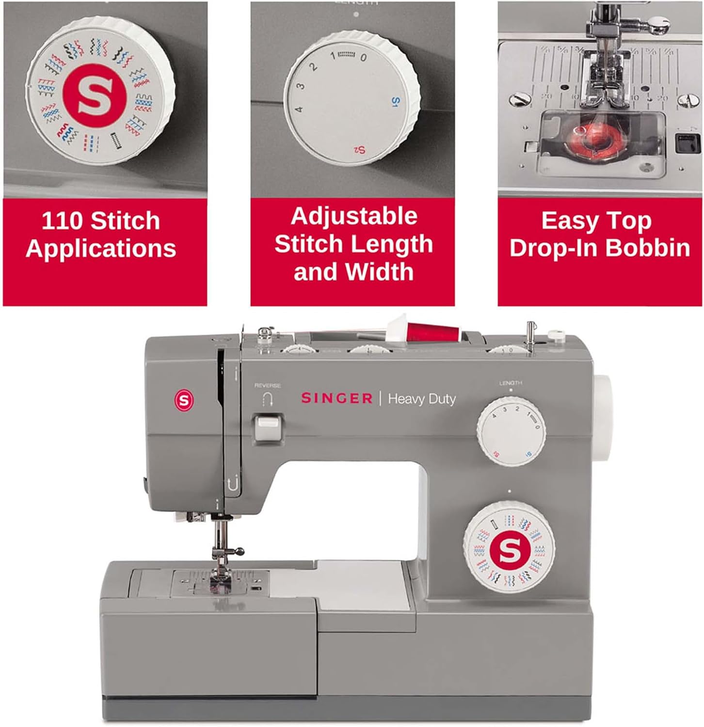 SINGER® 4432 (Grey) High Speed Heavy Duty Sewing Machine + Accessory Kit | 32 stitches deliver 110 applications, 50% more power for thick fabrics, 1100 per minute capacity, 1-step buttonhole design