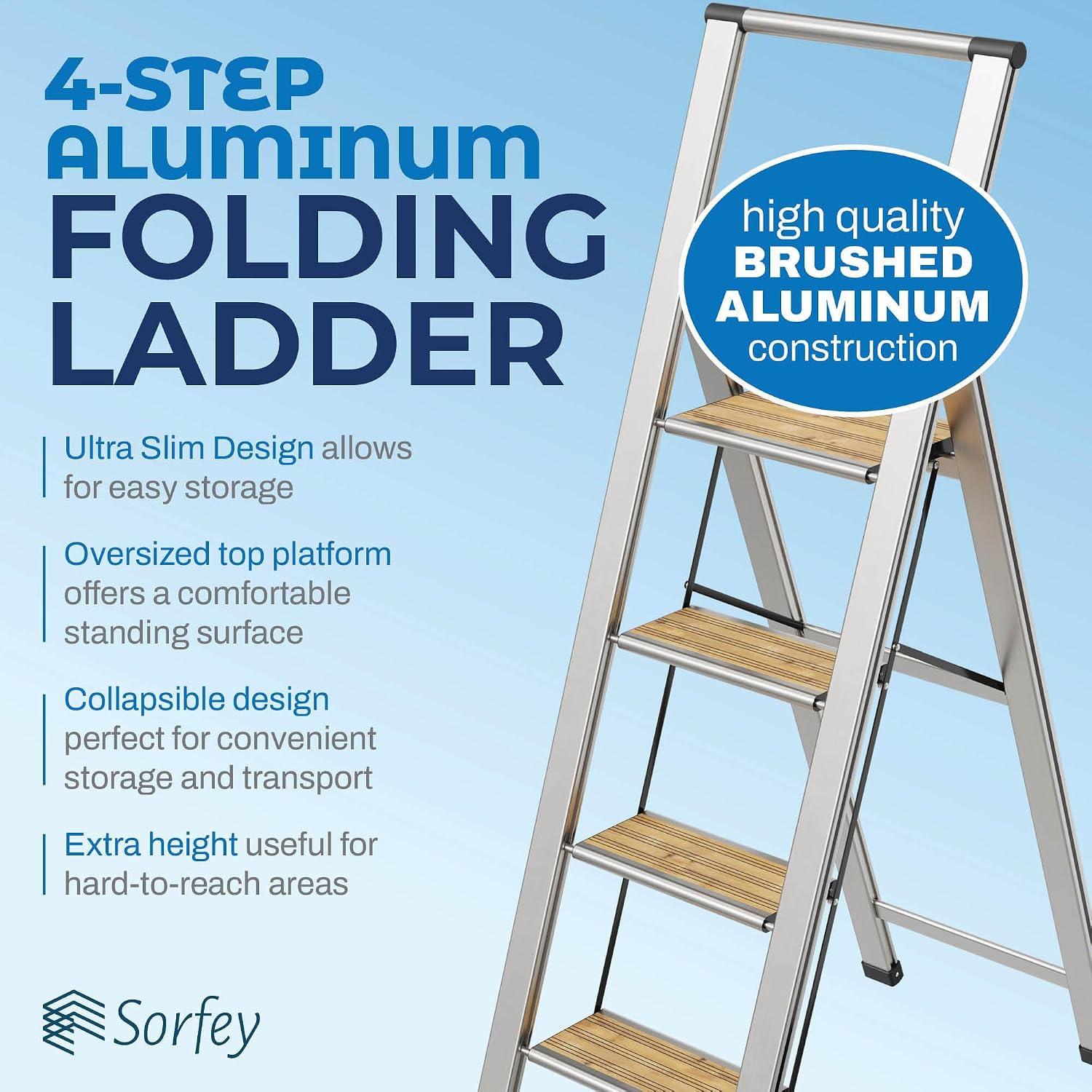 Step Ladder 2 Step Folding, Decorative - Beautiful Bamboo & Silver Aluminum, Ultra Slim Profile, Anti Slip Steps, Sturdy-Portable for Home, Office