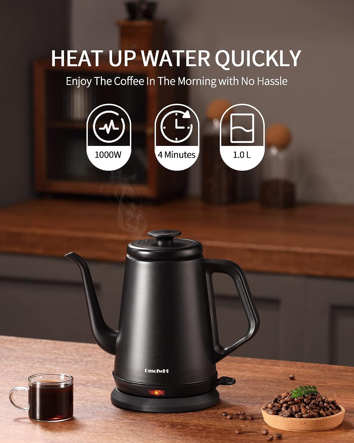 DmofwHi 1000W Gooseneck Electric Kettle (1.0L), 100% Stainless Steel BPA Free Tea Kettle with Auto Shut - Off Protection