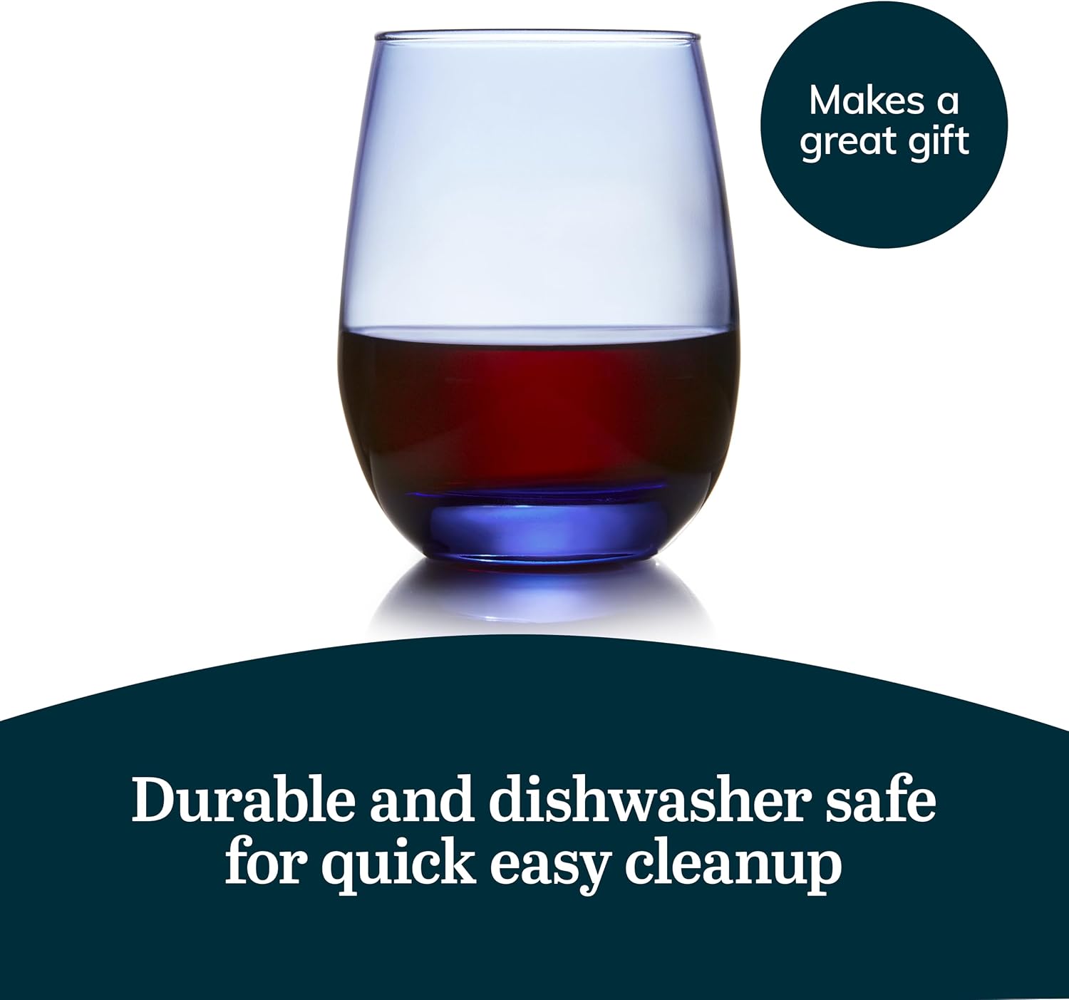 Libbey Classic Blue All-Purpose Stemless Wine Glasses Set 6, Timeless Wine Cups Set of 6, 15.25 Oz, Wine Glass Set for Dinners, Weeknights