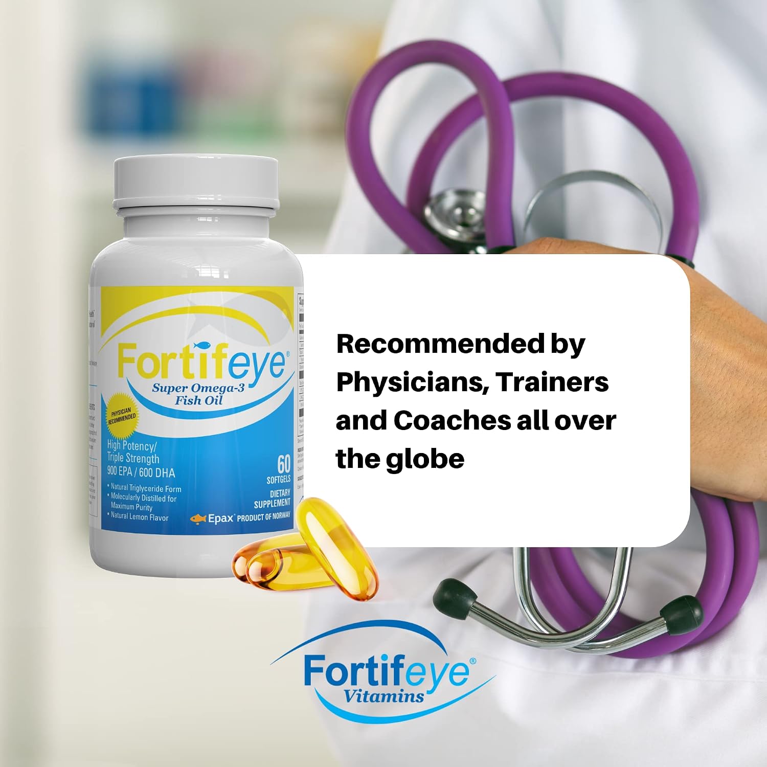 Fortifeye Super Omega-3 Fish Oil - 60 Count - 1600mg EPA + DHA - Triple Strength Ultra-Pure rTG Omega-3 Expertly Concentrated & Purified in Norway from Sustainably Sourced Wild Fish - Lemon Flavor