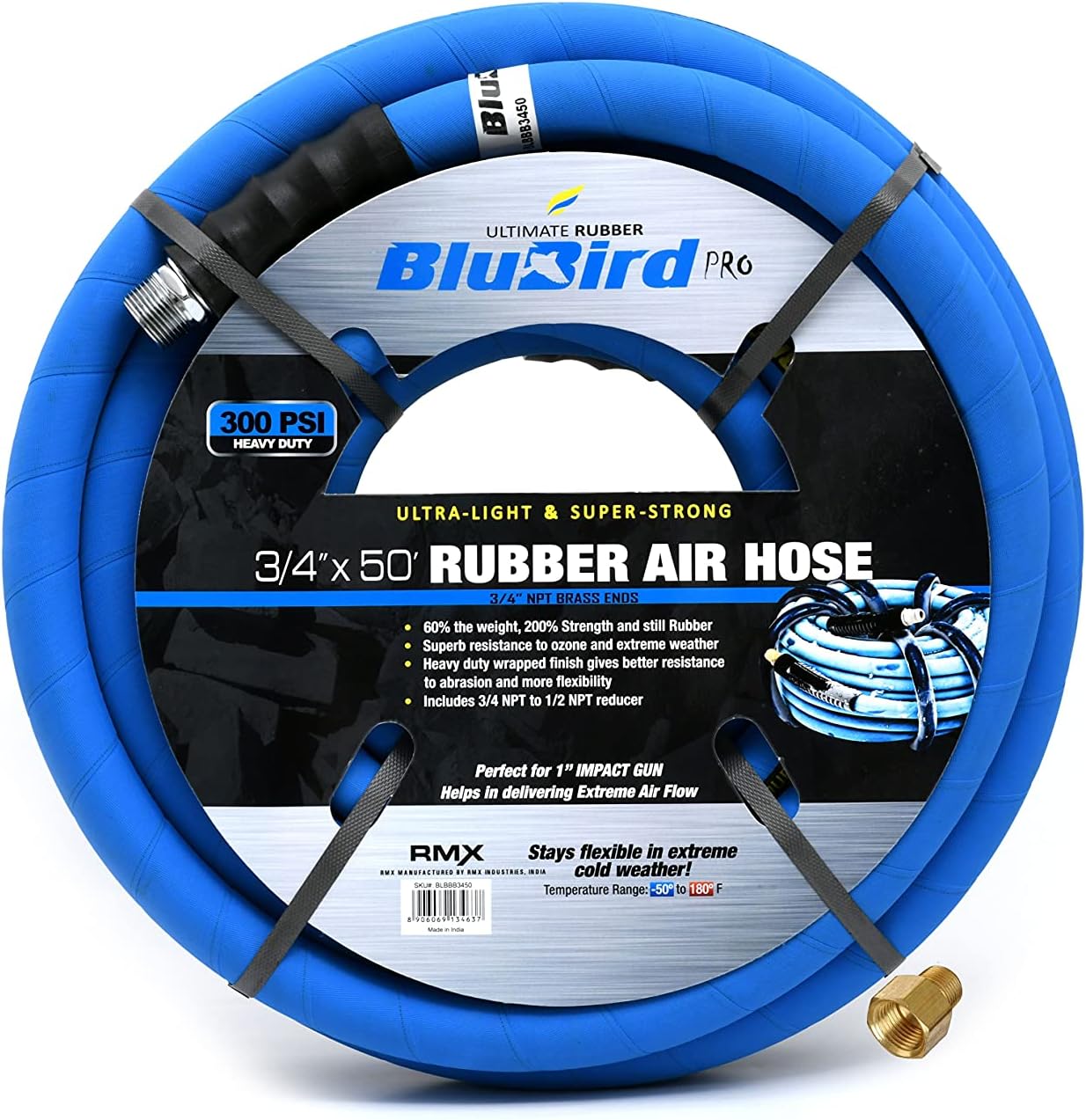 BLUBIRD BB3450 3/4" x 50' Rubber Air Hose, 100% Rubber, Lightest, Strongest, Most Flexible, 300 PSI, 50F to 190F Degrees, Ozone Resistant, High Strength Polyester Braided | Heavy Duty Reinforced Air Hose With 300 PSI Rating, Flexible Design, Kink Resista…