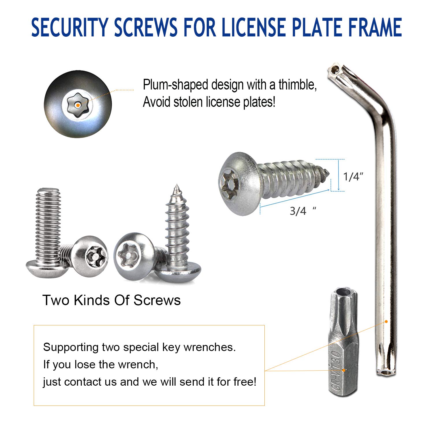 ZXFOOG Anti Theft License Plate Screws, Stainless Steel Bolts, Chrome Caps
