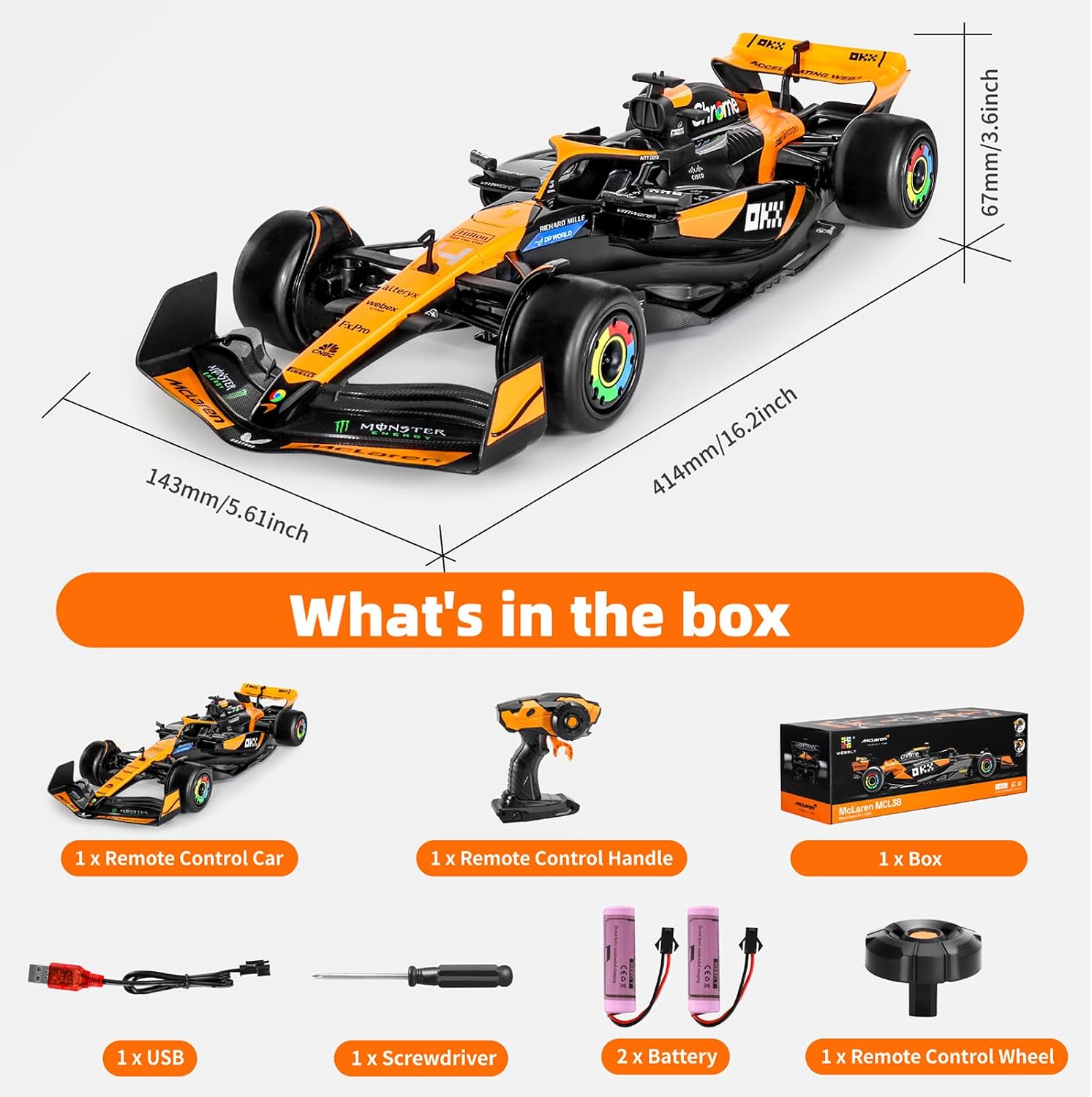 MIEBELY Official Licensed 1/14 McLaren F1 Remote Control Car for Adults Kid | MCL38 F1 RC Car, 2 Rechargeable Batteries