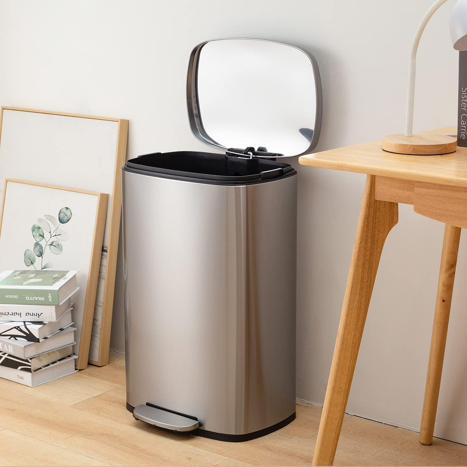 FDW | 13 Gallon Trash Can with Lid | Steel | Fingerprint-Proof | Made of Brushed Stainless Steel | Soft-Close Step Pedal | Hands-Free Use | Easy to Clean | for Kitchen, Office, Bathroom