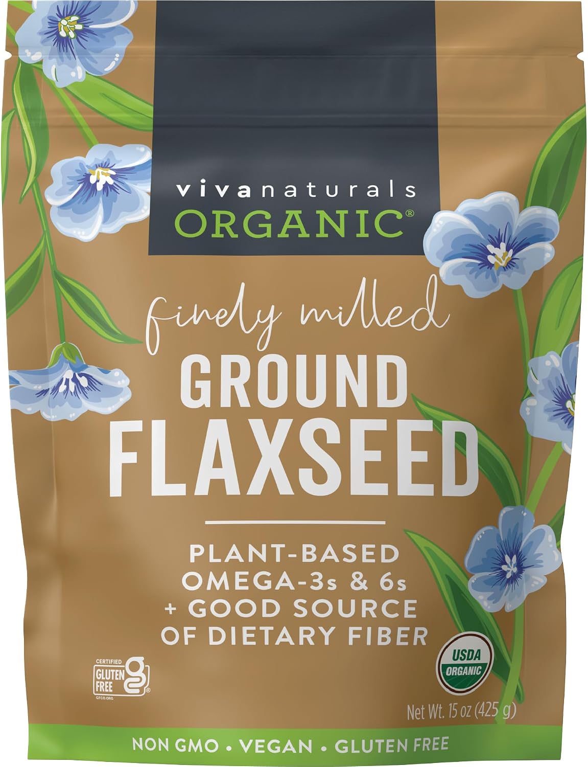 Viva Naturals Organic Ground Flaxseed, 15 oz (425 g) – Plant-Based Protein, Vegan Omega-3 & Fiber, Finely Milled Flax Seeds, Perfect for Smoothies & Baking