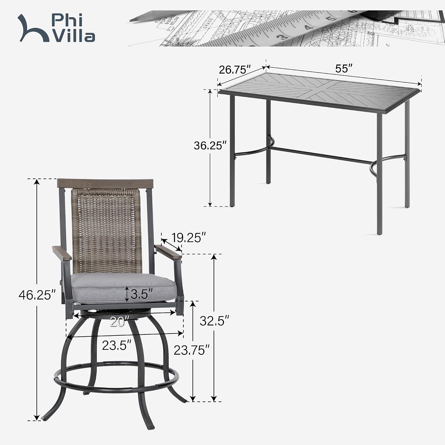 PHI VILLA Outdoor Bar Set 3 PCS Patio Bistro Table & Swivel Stools