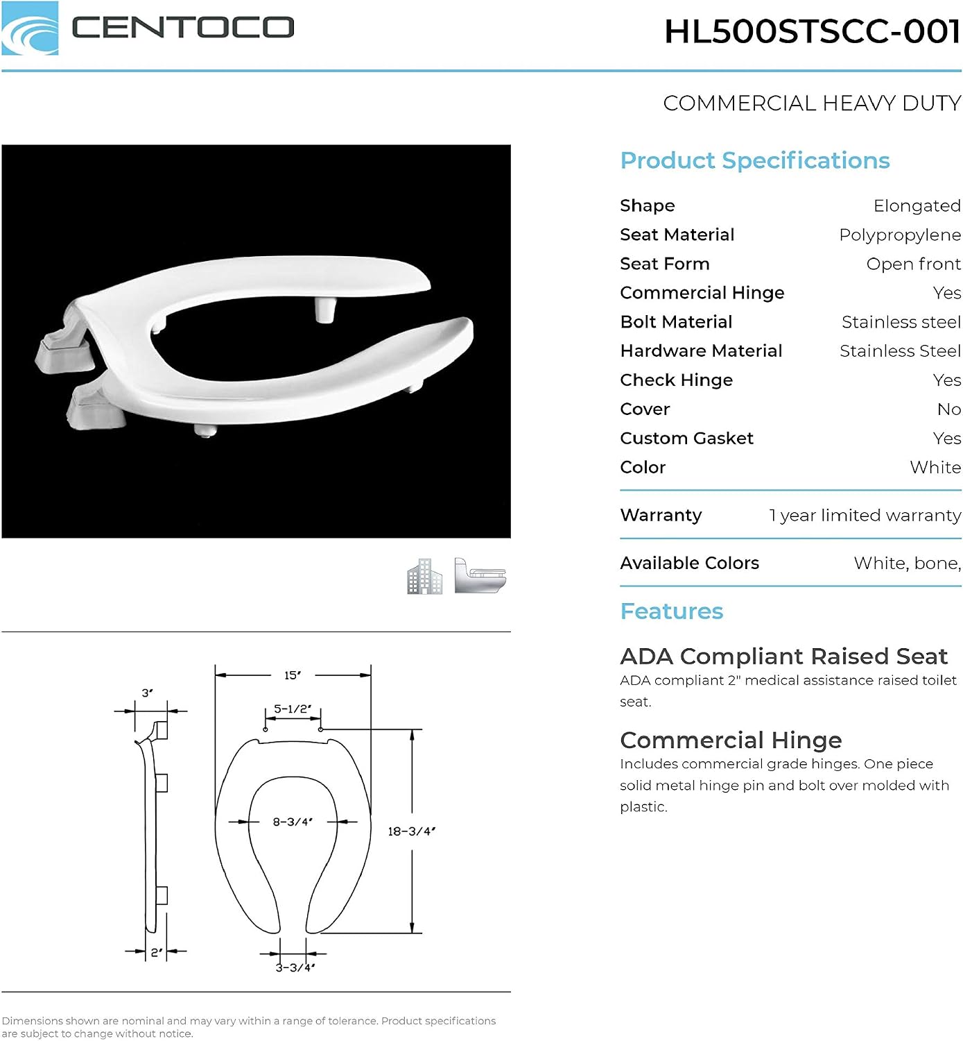 Centoco 3 inch Raised Toilet Seat for Seniors, Elongated, White | Closed Front, Cover, Plastic, 3L800STS-001, Made in the USA