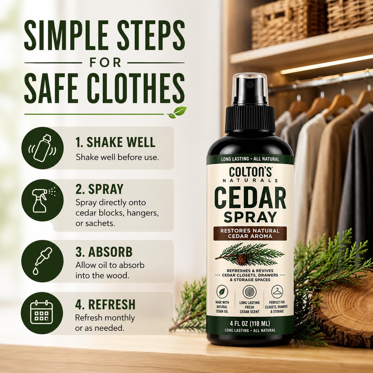 Colton's Naturals Cedar Spray – 4 ounce – With Lavender Extract – Non-Chemical Wood Protection – for Cedar Wood – Restores Scent 4oz