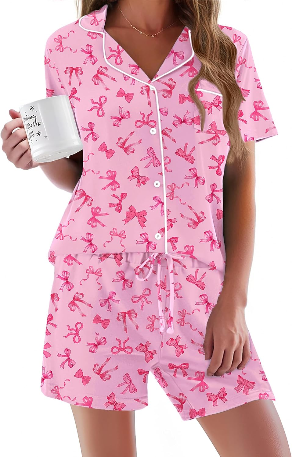 Ekouaer Pajamas Set for Women Short Sleeve Sleepwear Button Down Pj XS-XXXL | Summer 2 Piece Lounge Set, Soft Fabric, Drawstring Waistband, for Bridesmaid Bride Party, Plus Size, Petite, Cute Pattern