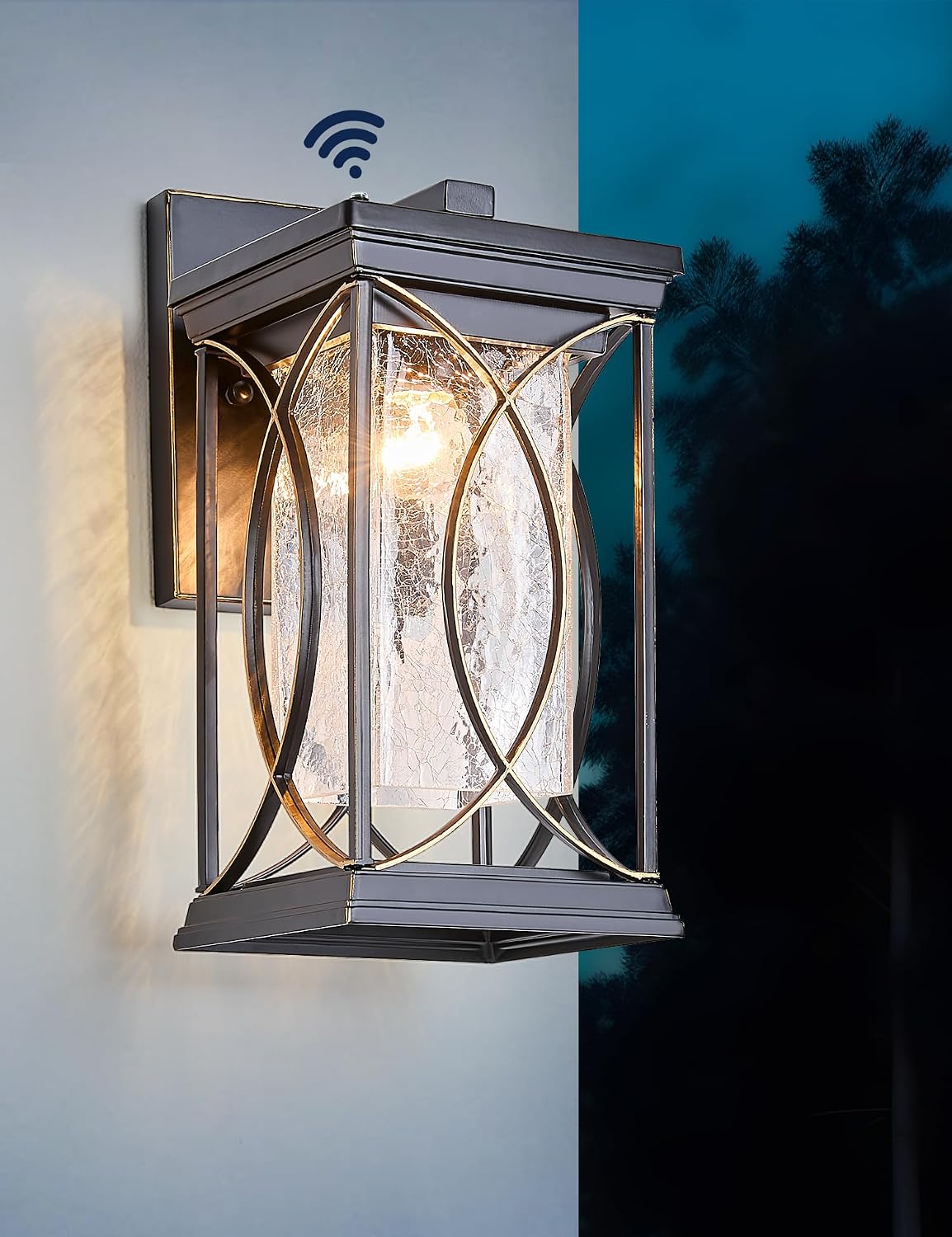 Dusk to Dawn Modern Outdoor Coach Lantern Exterior Light Fixtures Black Aluminum with Crack-Like Glass Waterproof Wall Sconce Mission Outside Light