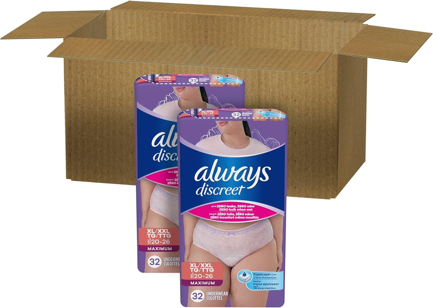 Always Discreet Adult Diapers for Women, Incontinence Underwear, Postpartum Essentials, Disposable Briefs, Max Absorbency, Bladder Leak Protection, Small/Medium, 32ct