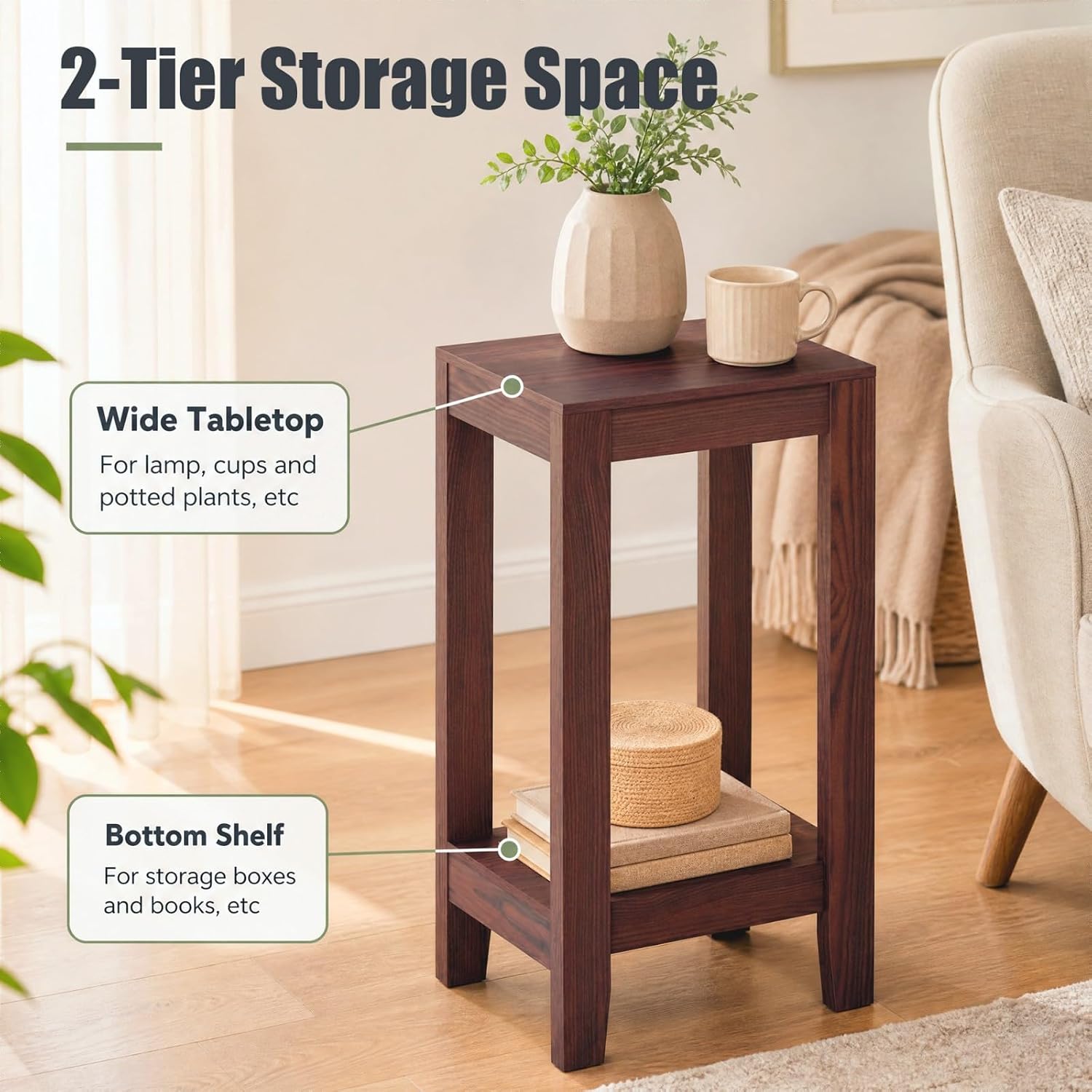 Giantex 2-Tier End Table Nightstand, Bedside Sofa Table for Living Room Bedroom, Narrow Telephone Table with Shelf and Legs for Small Spaces, Espresso