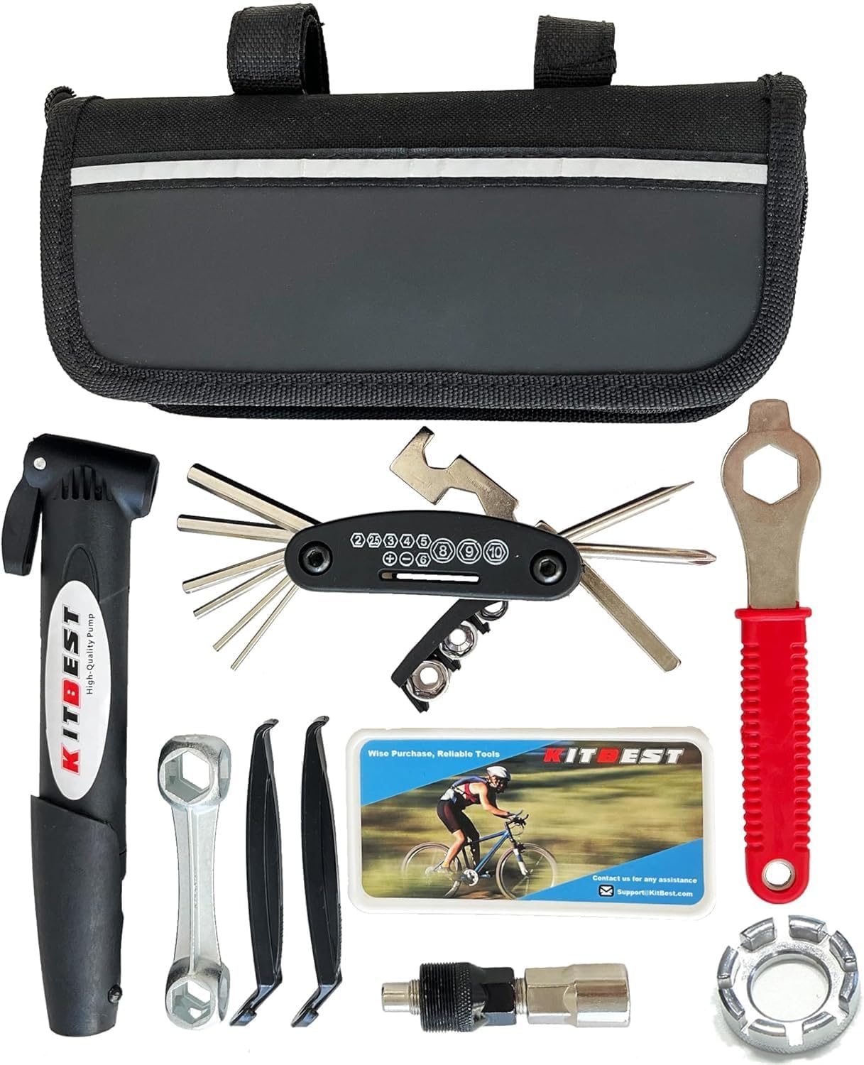 Bike Repair Bag with Tire Pump and Portable Bicycle Kit for Camping Travel | All in One Tool kit, 16 in 1 Bike Multitool, Bike Glueless Patches, Bicycle Tire Repair Kit, Fits Mountain & Road Bike
