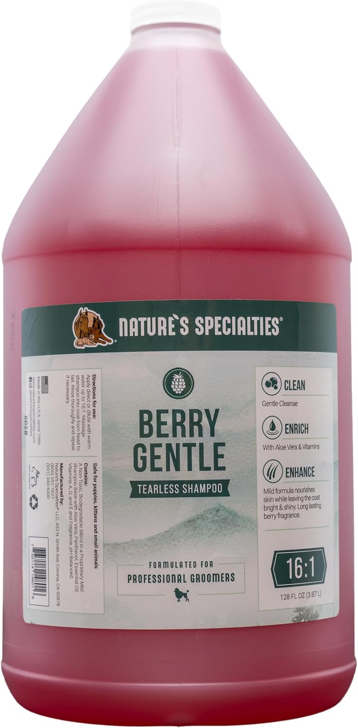 Nature's Specialties Berry Gentle Ultra Concentrated Face and Body Wash for Pets, Makes up to 16 Gallons, Natural Choice for Professional Groomers, Gently Cleanse The Skin and Coat, Made in USA, 1 gal