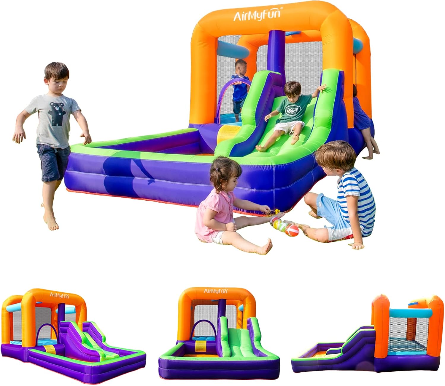 AirMyFun Inflatable Bounce House, Obstacles Bouncer & Slide with Air Blower (Purple Style)
