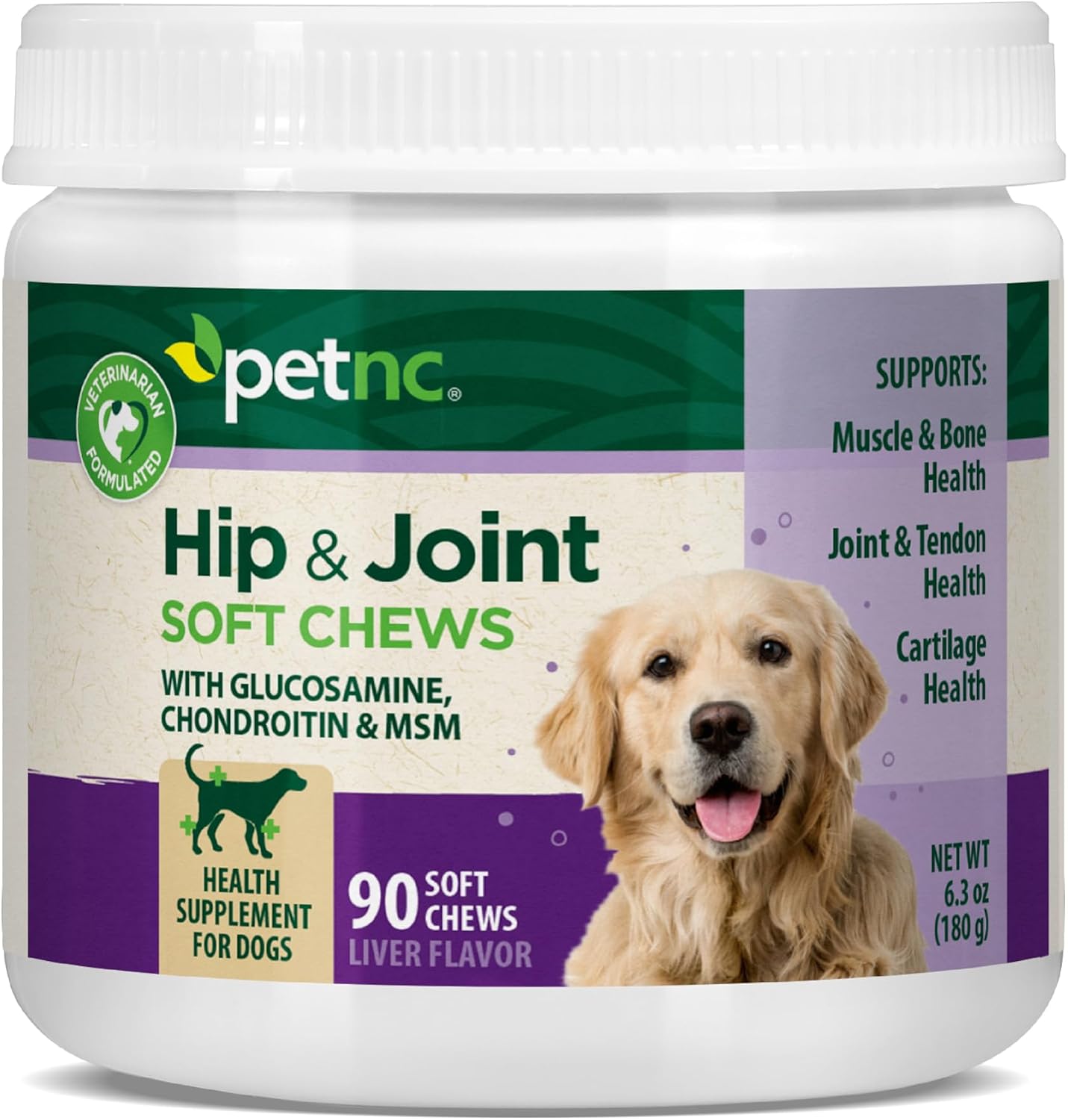 PetNC Natural Care Hip and Joint Soft Chews for Dogs, 90 Count - 27591 | Glucosamine Chondroitin MSM Dog Chews with Hyaluronic Acid, Liver Flavored Bone & Joint Support Supplement, For All Breeds