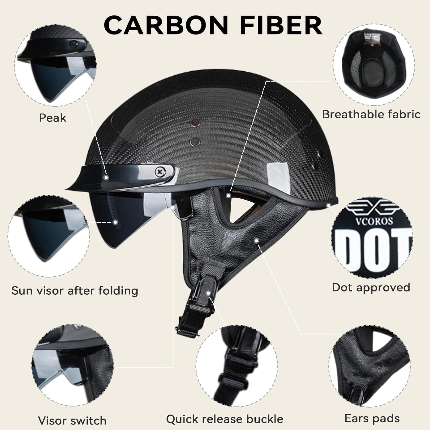 VCOROS Carbon Fiber Open Face Retro Motorcycle Half Helmet DOT