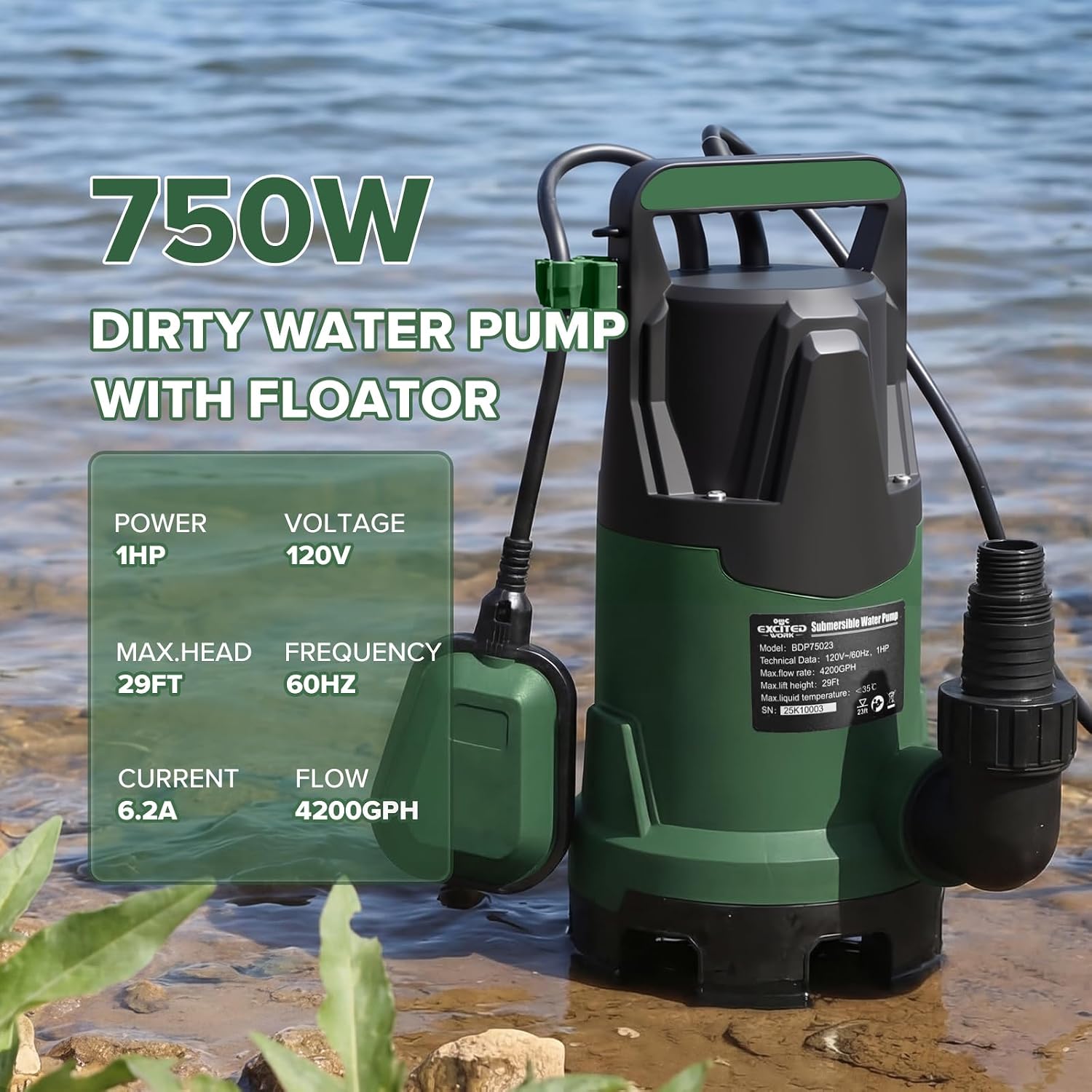 4200GPH 1HP Submersible Sump Pump with Automatic Float Switch | LAZYLAND, Clean Water Pump for Pool, Pond, Garden, Flooded Cellar, Aquarium and Irrigation (Green)