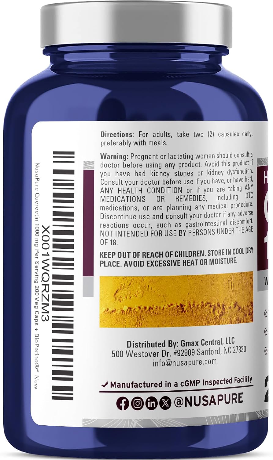 NusaPure Quercetin, Non-GMO, Vegan, 1000mg, 200 Veg Capsules - 100 Servings | Plant Based Formula, Sophora Japonica & BioPerine, Suitable for Adults